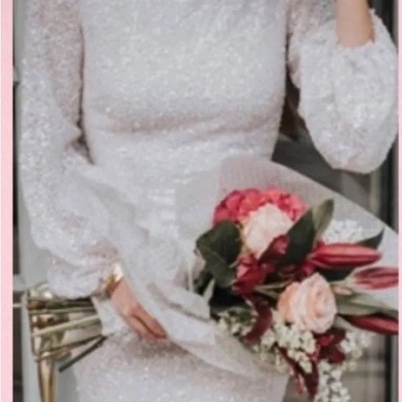 BHLDN Anthropologie Goldie White Sequin Mini Dress Long Sleeves - Picture 9 of 14